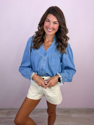 Denim Darling Blouse with Lace Sleeve Detail
