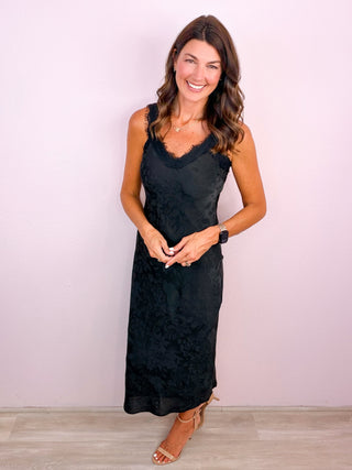 Satin Jacquard Lace Midi Dress - Black