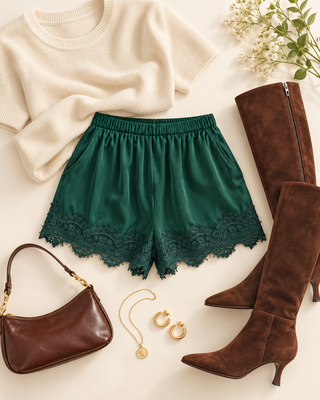 Satin & Lace Shorts - Green
