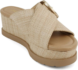 Raffia Open Toe Buckle Strap Wedge Sandal