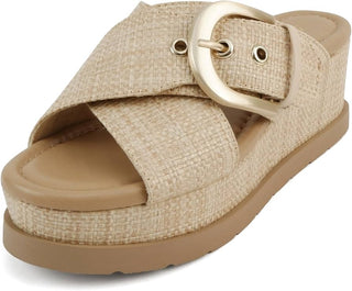 Raffia Open Toe Buckle Strap Wedge Sandal