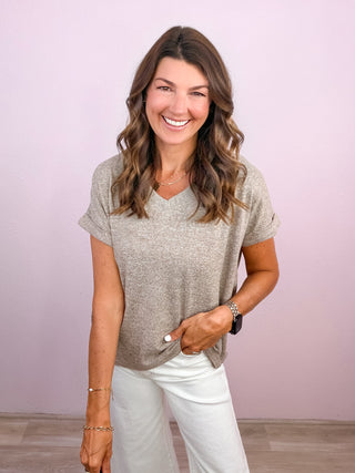 Easy Does It Hacci V-Neck Tee - Heathered Mocha