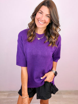 Relaxed Days Short Sleeve Sweater Top - Purple