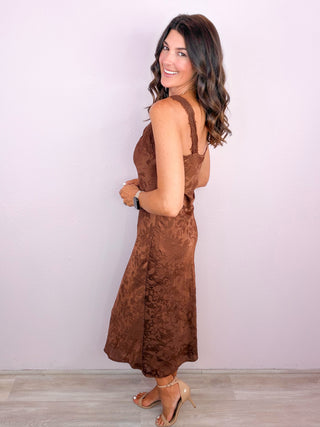 Satin Jacquard Lace Midi Dress - Brown
