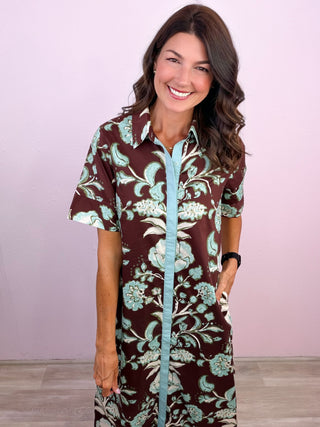 Printed Passage Midi Dress (Brown)