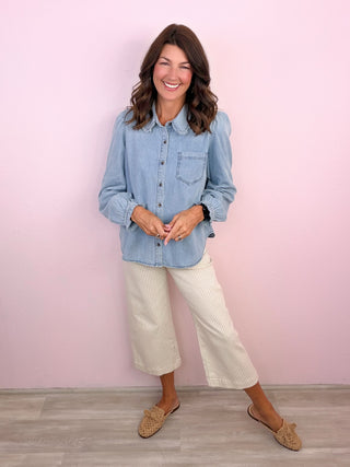 Feminine Edge Collar Button Down Denim Shirt