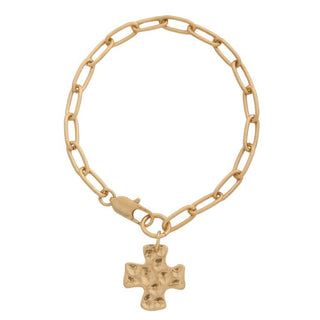 Hammered Metal Cross Pendant Oval Link Bracelet