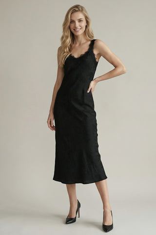 Satin Jacquard Lace Midi Dress - Black
