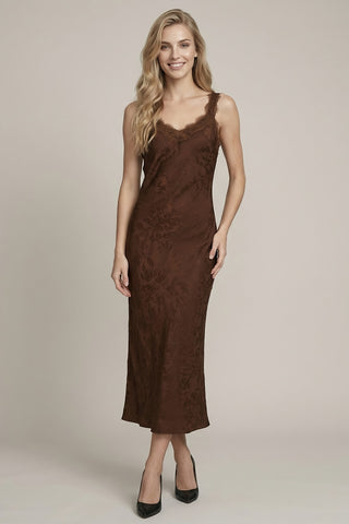 Satin Jacquard Lace Midi Dress - Brown