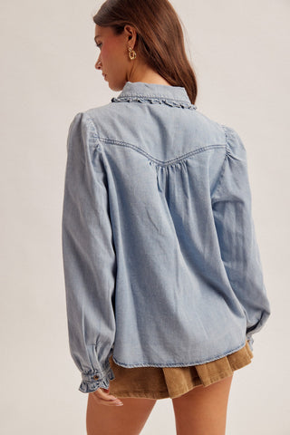 Feminine Edge Collar Button Down Denim Shirt