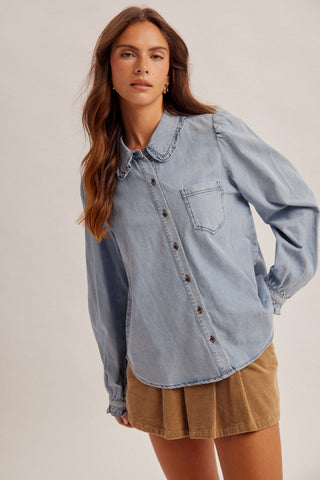 Feminine Edge Collar Button Down Denim Shirt