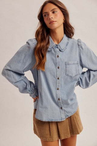 Feminine Edge Collar Button Down Denim Shirt