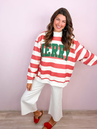 PREMIUM Emroidered MERRY Striped Mock Neck Pullover Sweatshirt