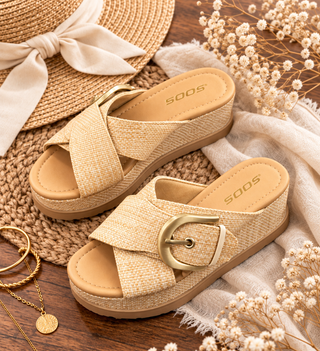 Raffia Open Toe Buckle Strap Wedge Sandal