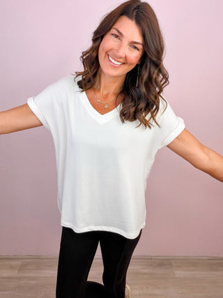 Easy Does It Hacci V-Neck Tee - White