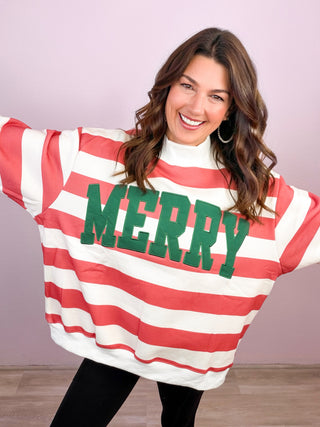 PREMIUM Emroidered MERRY Striped Mock Neck Pullover Sweatshirt