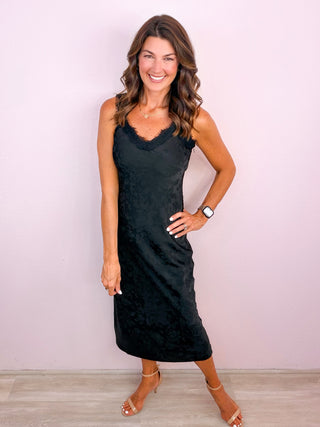 Satin Jacquard Lace Midi Dress - Black