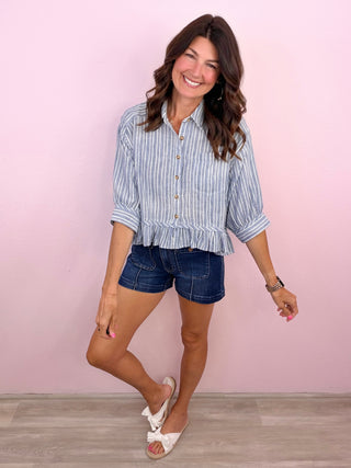 Rosé All Day Ruffle Top (Denim)