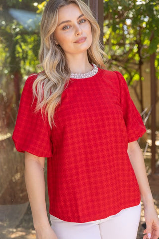 Magic in Moments Houndstooth Bubble Sleeve Top
