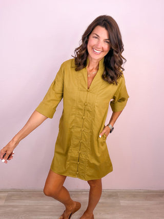 The Everyday Charm Button Front Dress - Olive