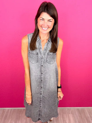 Charming Through Sleeveless Denim Dress