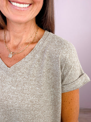 Easy Does It Hacci V-Neck Tee - Heathered Mocha