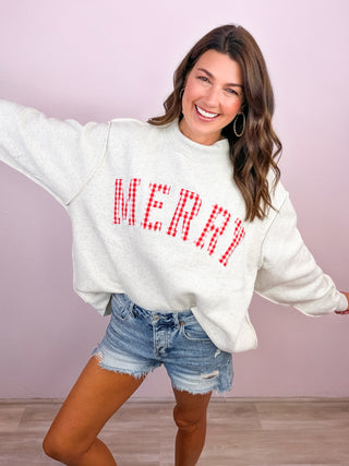 PREMIUM Embroidered MERRY Red Plaid Mock Neck Pullover Sweatshirt