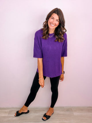 Relaxed Days Short Sleeve Sweater Top - Purple
