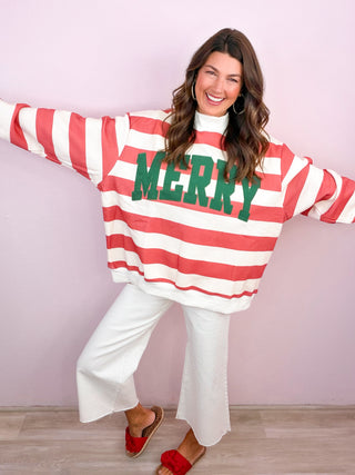 PREMIUM Emroidered MERRY Striped Mock Neck Pullover Sweatshirt