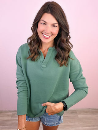 Busy Days Soft Vintage Henley Pullover (Pine)
