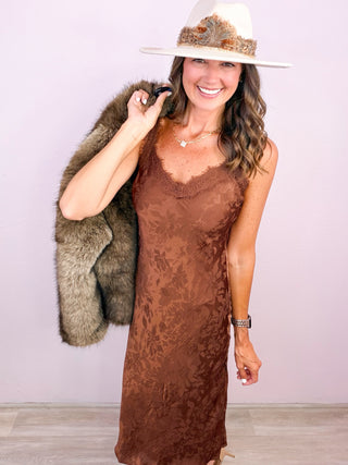 Satin Jacquard Lace Midi Dress - Brown