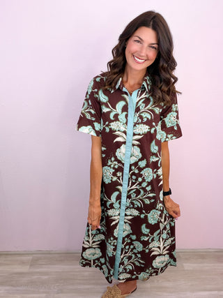 Printed Passage Midi Dress (Brown)