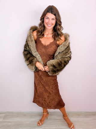 Satin Jacquard Lace Midi Dress - Brown