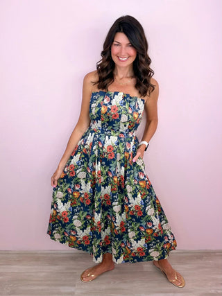 Garden Soirée Midi Dress (Navy)