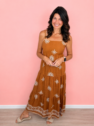 Border Print Maxi Dress (Camel)