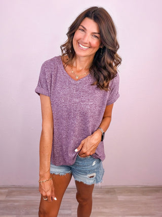 Easy Does It Hacci V-Neck Tee - Heather Purple