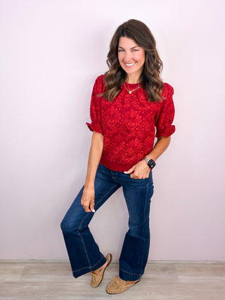 Scarlet Smocked Puff Sleeve Brushed Jacquard Top