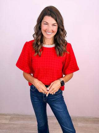 Magic in Moments Houndstooth Bubble Sleeve Top
