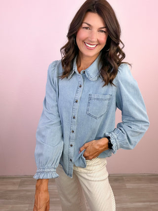 Feminine Edge Collar Button Down Denim Shirt