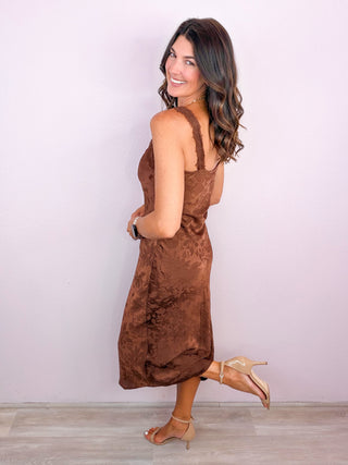 Satin Jacquard Lace Midi Dress - Brown