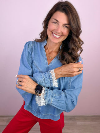 Denim Darling Blouse with Lace Sleeve Detail