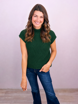 Cozy Charm Mock Neck Sweater Top - Hunter Green