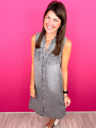 Charming Through Sleeveless Denim Dress