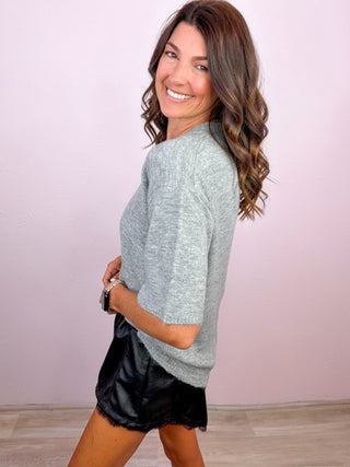 Relaxed Days Short Sleeve Sweater Top - Grey