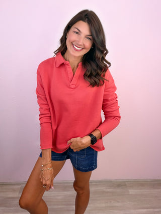 Busy Days Soft Vintage Henley Pullover (Brick)