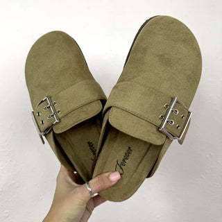 Suede Slip On Buckle Clogs