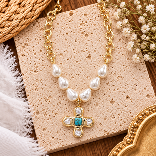 Turquoise and Pearls Drop Cross Pendant Necklace