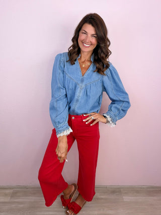 Denim Darling Blouse with Lace Sleeve Detail