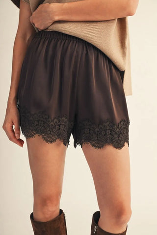 Satin & Lace Shorts - Brown