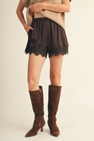 Satin & Lace Shorts - Brown